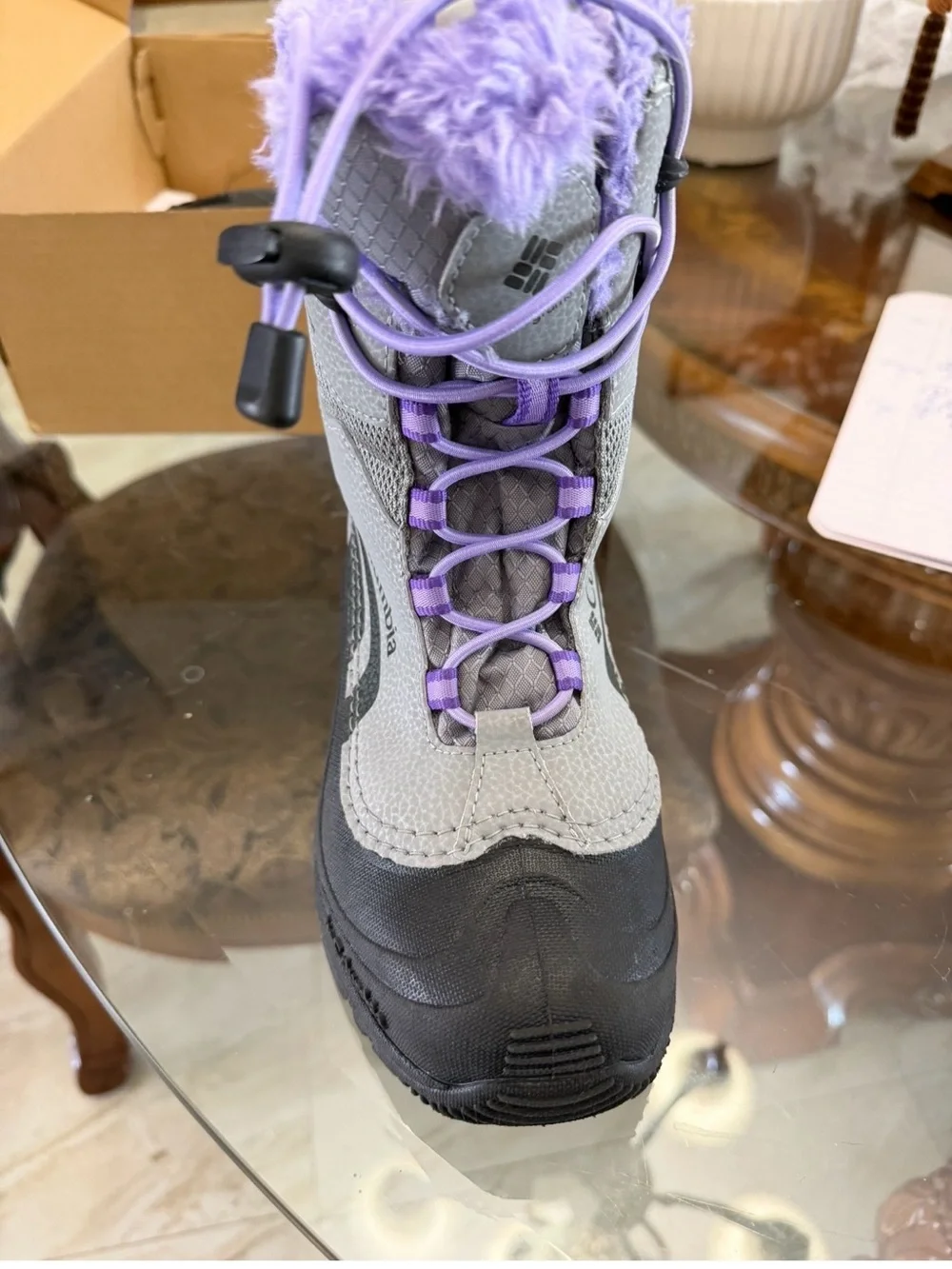 Columbia Kids Waterproof Winter Snow Boots Gray Purple Faux Fur Insulated EUC